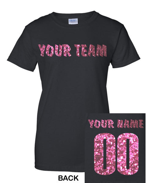 Customized Team Name Glitter Women's Football Jersey Shirt, Black Gold