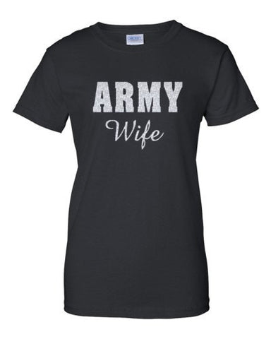 Women's GLITTER Army Wife T-Shirt Bling SPARKLE Cute Classic Military Tee!